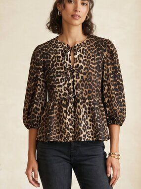 NWOT | Leopard Print | Triple Tie-Front Peplum Top | X-Small
